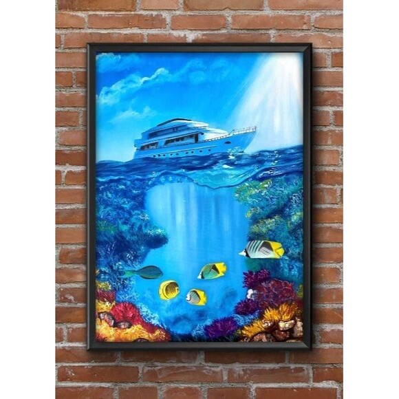 Original Oil Painting 18x24 Seascape Underwater Yachts Marine Life Canvas Art - Picture 3 of 8